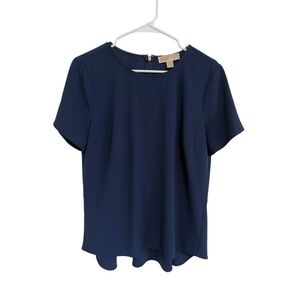 Michael Kors Womens Navy Blue Peplum Back Blouse Short Sleeve Size Large